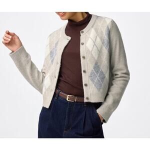 GU (Uniqlo) Puffy Touch Knit Argyle Crew Neck Cardigan in Beige Gray
